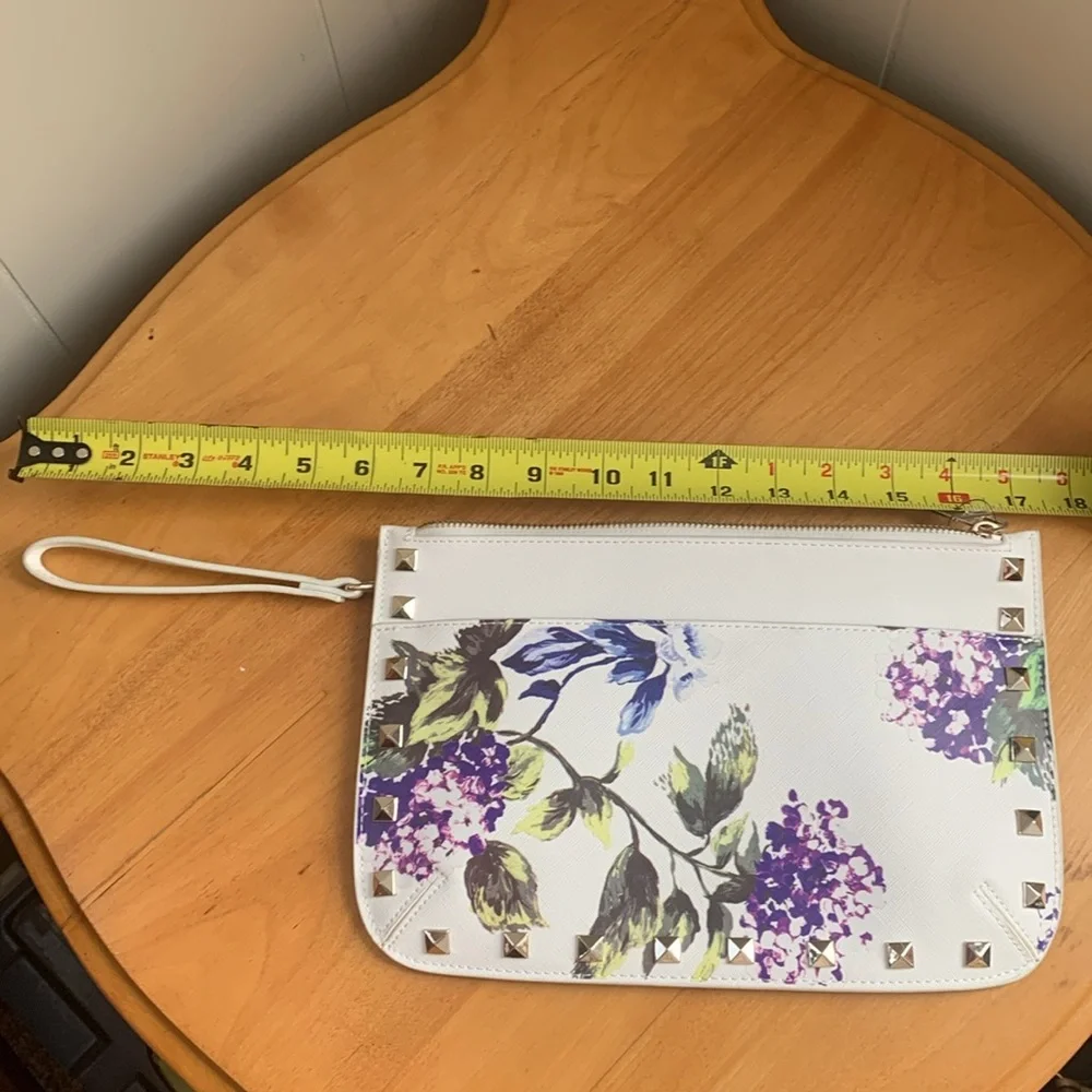 White House Black Market Studded Wristlet Zippered Clutch Purple Hydrangeas NWT